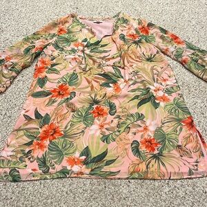 J Jill Floral Tropical Tunic Blouse Size Large Tall Tie Neck Lightweight Pink